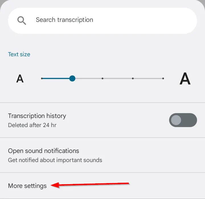 Màn hình cài đặt Live Transcribe với tùy chọn &quot;Cài đặt khác&quot; được chọn để truy cập các thiết lập chuyên sâu