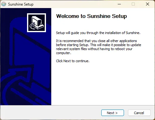 Màn hình cài đặt Sunshine game streaming trên hệ điều hành Windows 11, hiển thị các bước thiết lập.