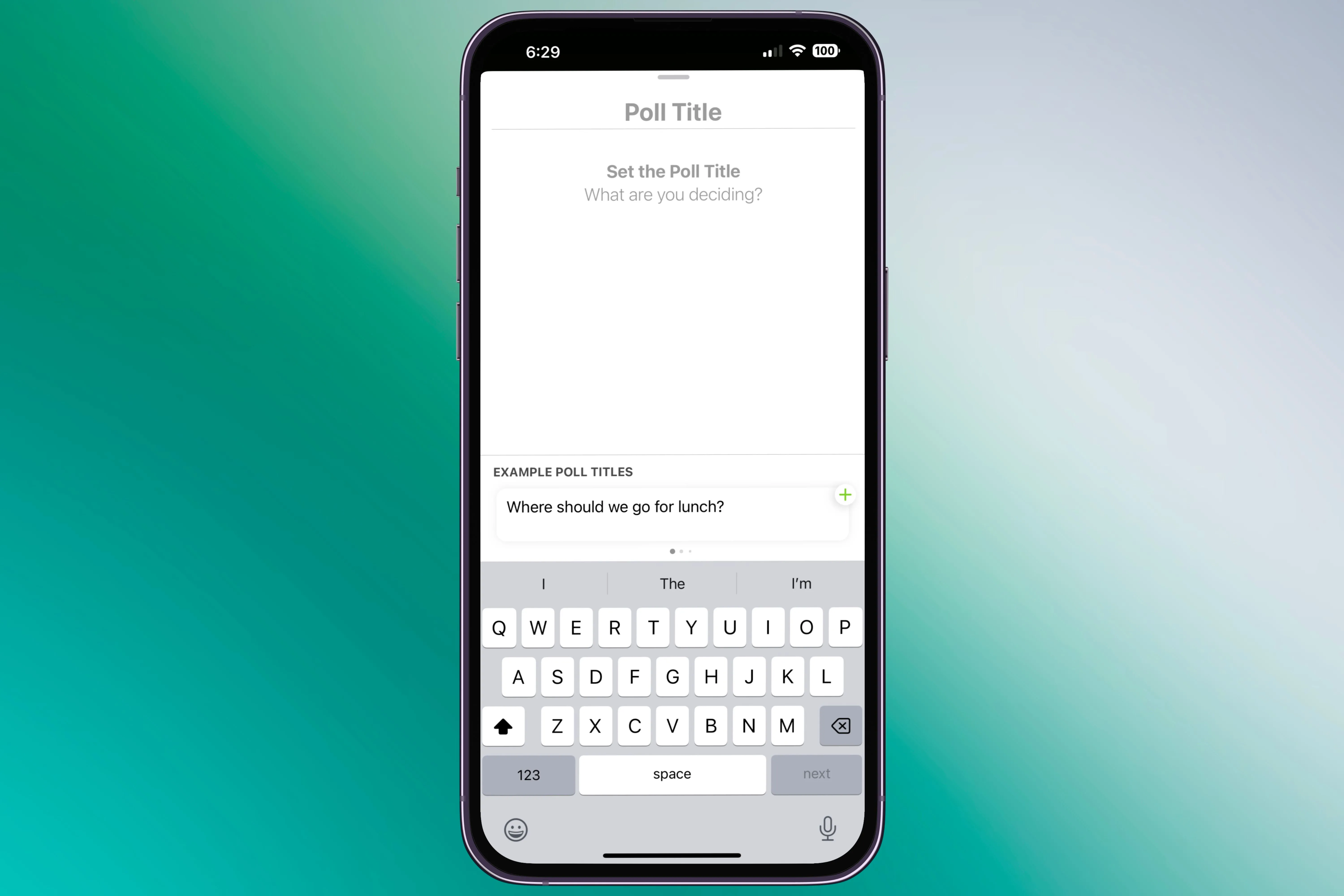 Màn hình cài đặt ứng dụng Polls for iMessage trong ứng dụng Tin nhắn trên iPhone, chuẩn bị tạo một cuộc thăm dò ý kiến.