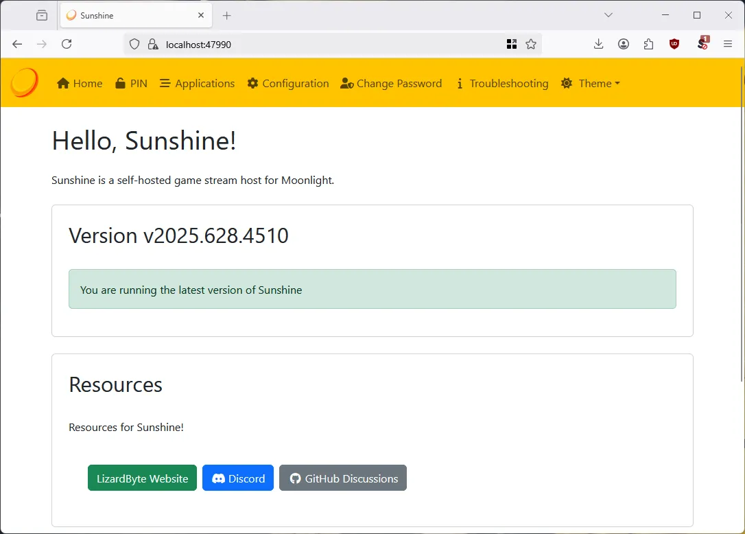 Màn hình cấu hình giao diện web UI của Sunshine game streaming server, cho phép người dùng tùy chỉnh cài đặt và kết nối.