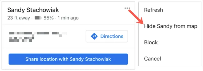 Màn hình chi tiết liên hệ trong Google Maps di động, với tùy chọn &quot;Ẩn khỏi bản đồ&quot;.