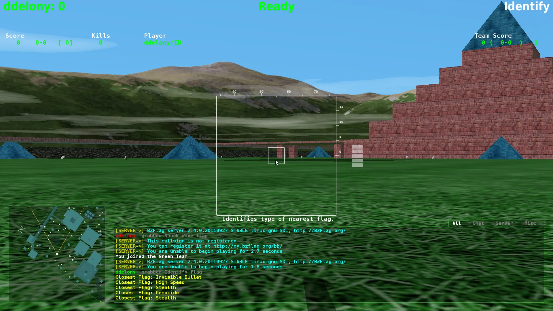 Màn hình chơi game BZFlag với đồ họa 3D mô phỏng xe tăng trong môi trường đa người chơi