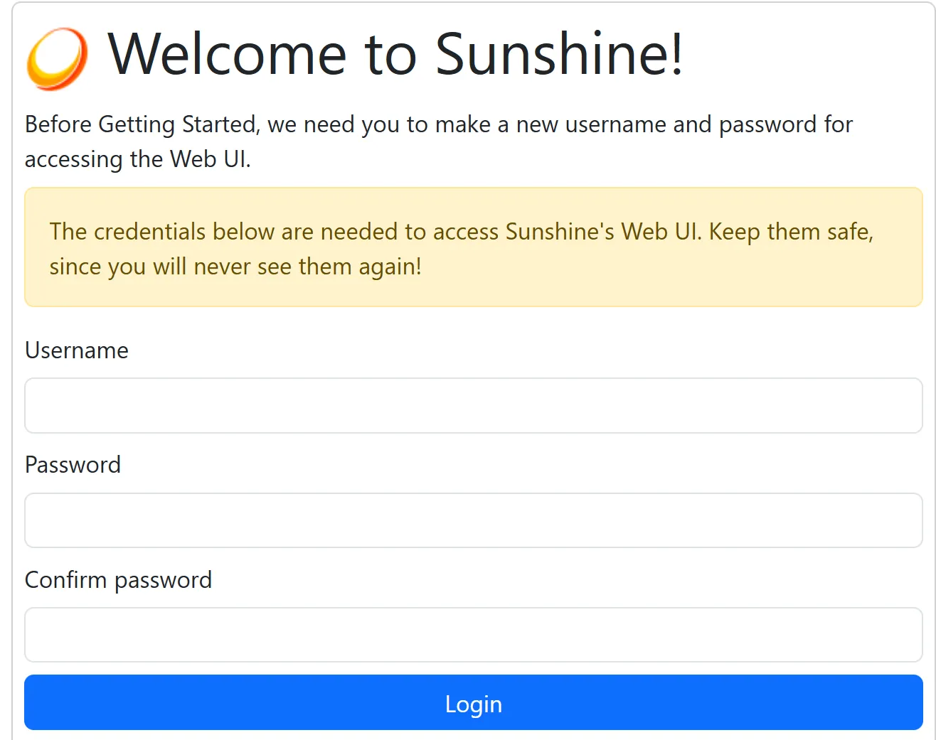 Màn hình đăng nhập giao diện web của Sunshine, yêu cầu nhập tên người dùng và mật khẩu để truy cập các tùy chỉnh.