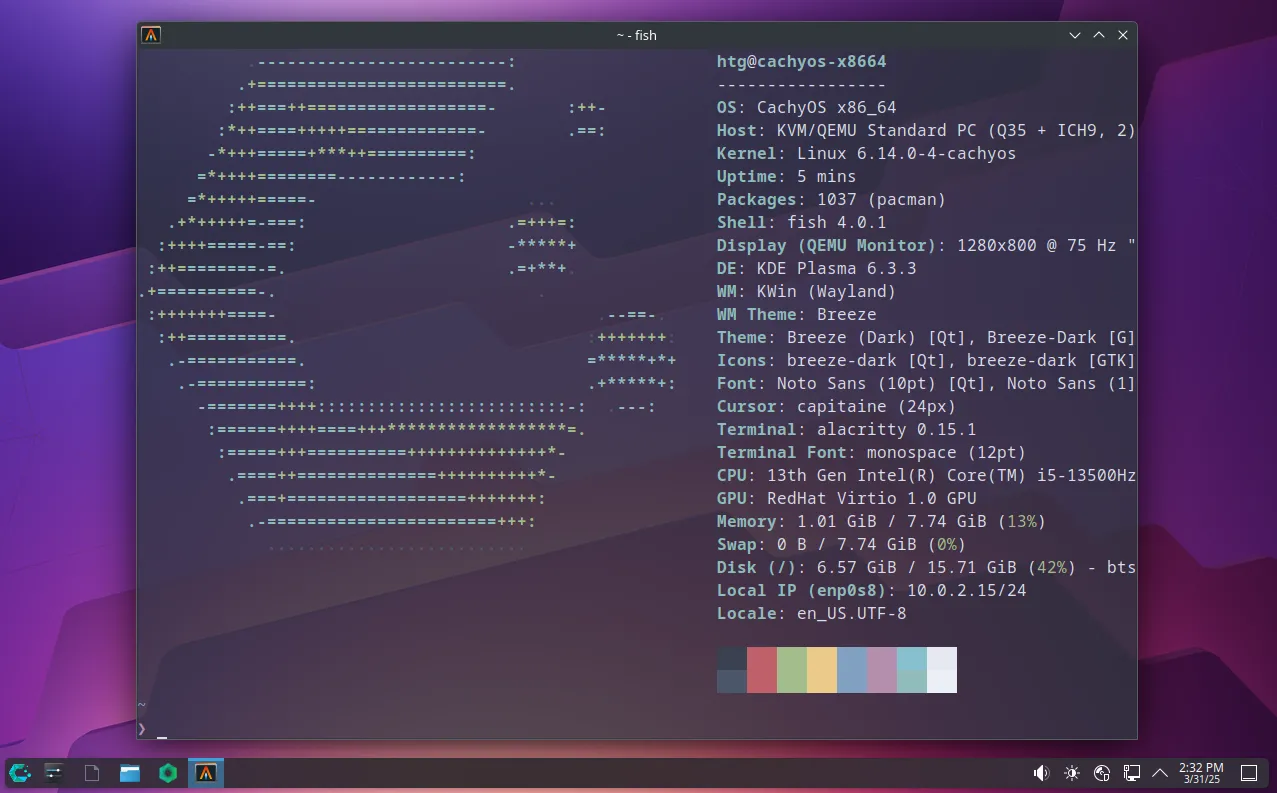 Màn hình desktop CachyOS với KDE Plasma và một cửa sổ terminal Alacritty đang mở