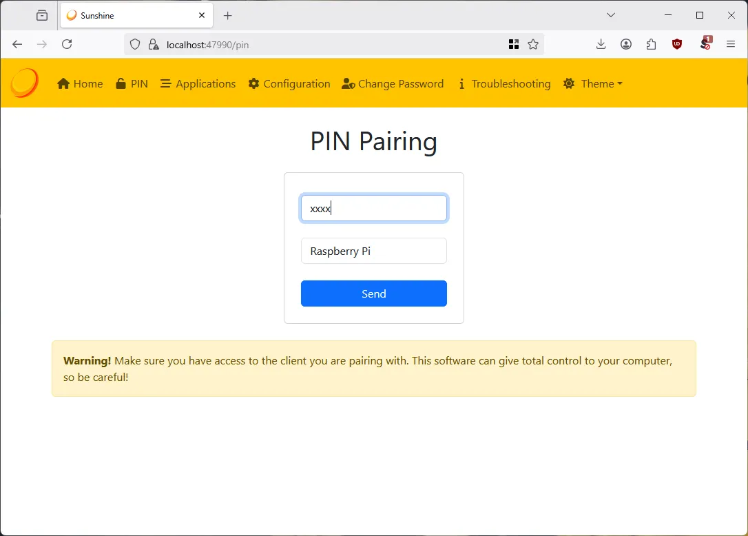 Màn hình giao diện web của Sunshine, nơi người dùng nhập mã PIN từ Moonlight để hoàn tất quá trình ghép nối thiết bị.