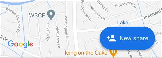 Màn hình Google Maps trên di động với nút &quot;Chia sẻ mới&quot; để bắt đầu chia sẻ vị trí.