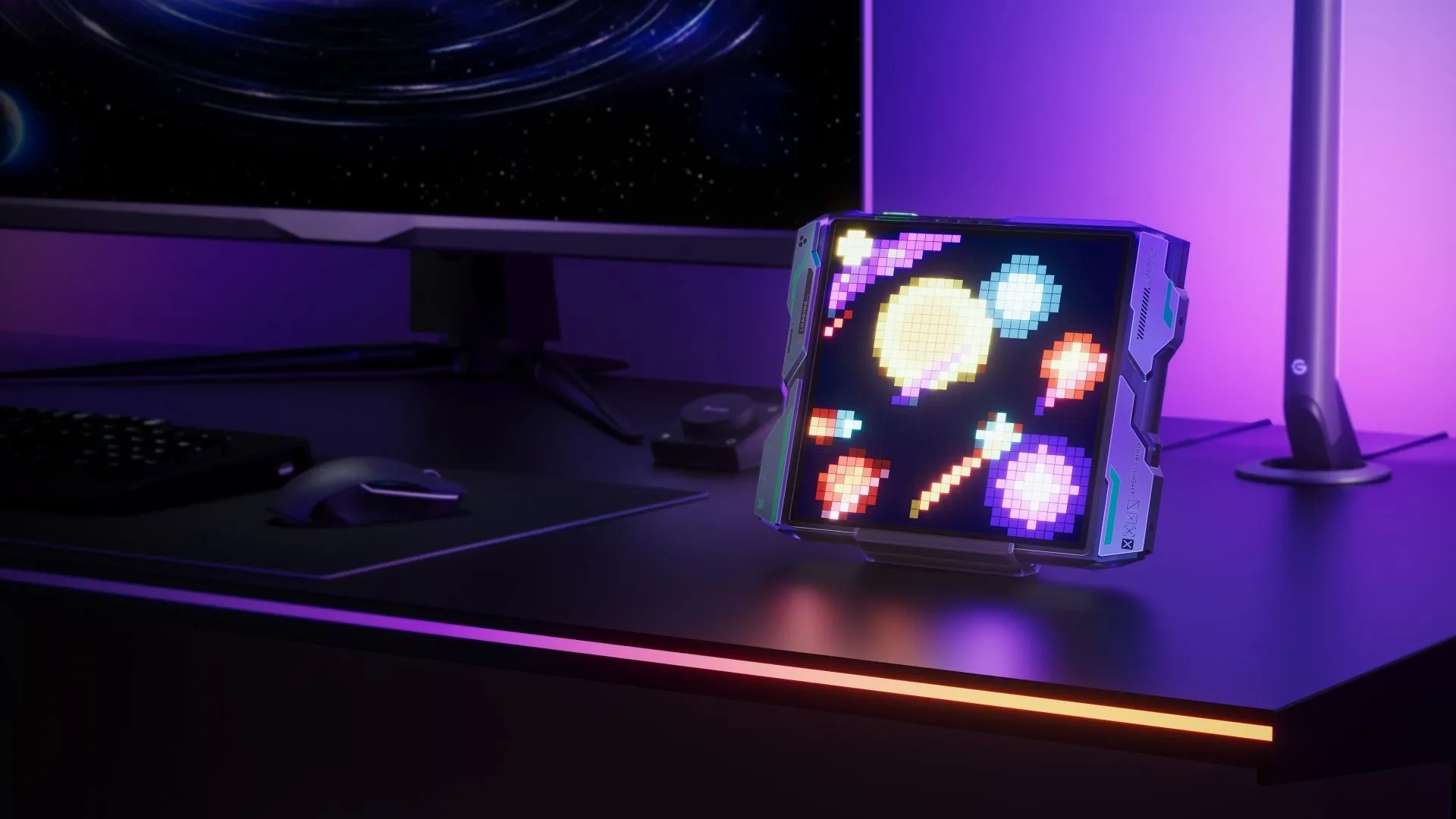 Màn hình Govee Gaming Pixel Light trên bàn gaming, hiển thị pixel art sống động