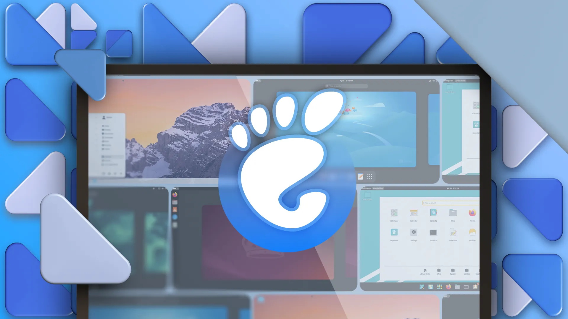 Màn hình hiển thị logo GNOME và một số bản phân phối Linux, minh họa các môi trường desktop khác nhau trên Bazzite OS.