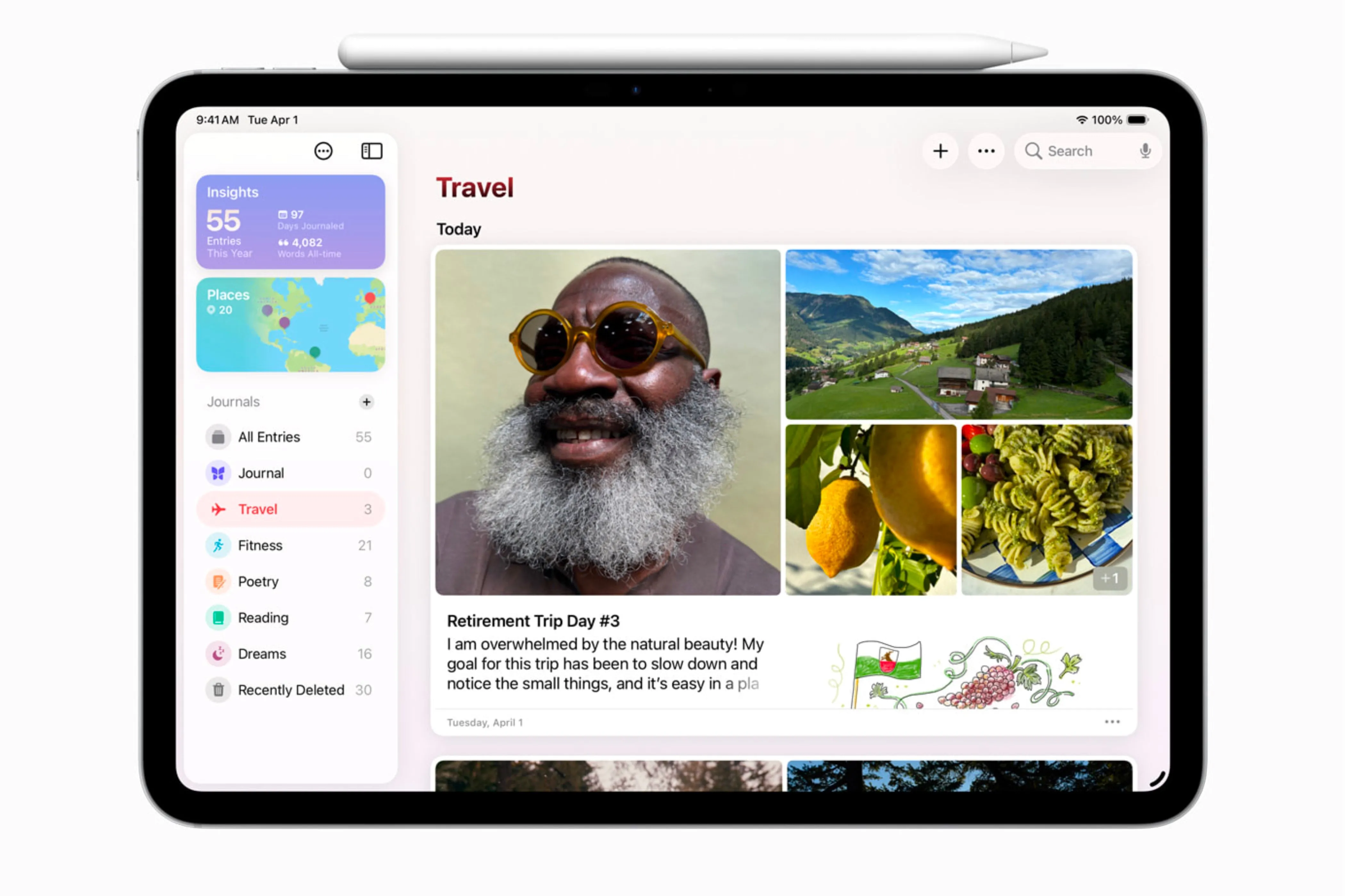 Màn hình iPad hiển thị giao diện ứng dụng Journal trong iPadOS 26, minh họa tính năng mới trên iPad.