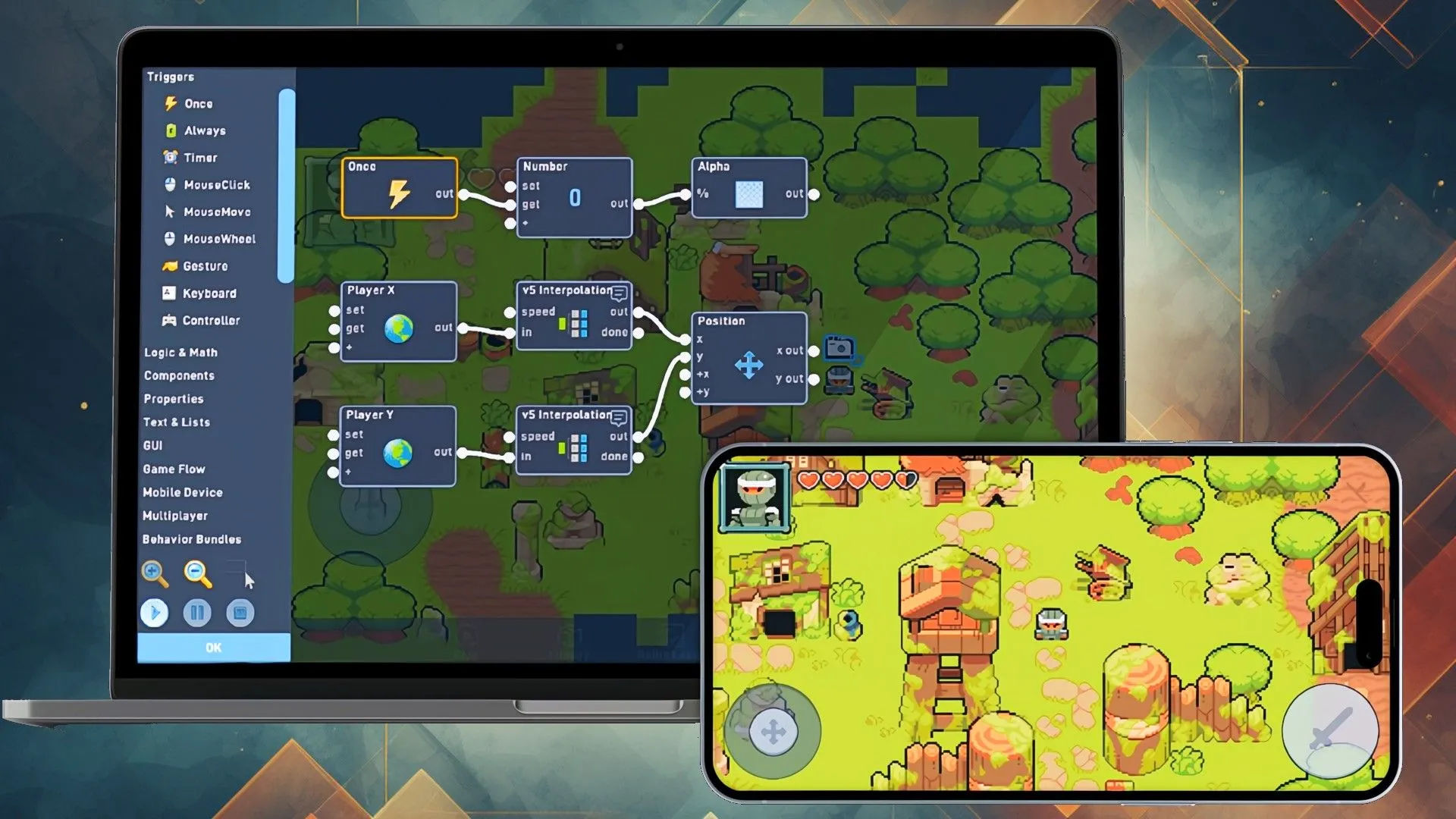 Màn hình làm việc Flowlab Game Creator hiển thị thiết kế game 2D với môi trường rừng và nhân vật, có giao diện trên máy tính và điện thoại.