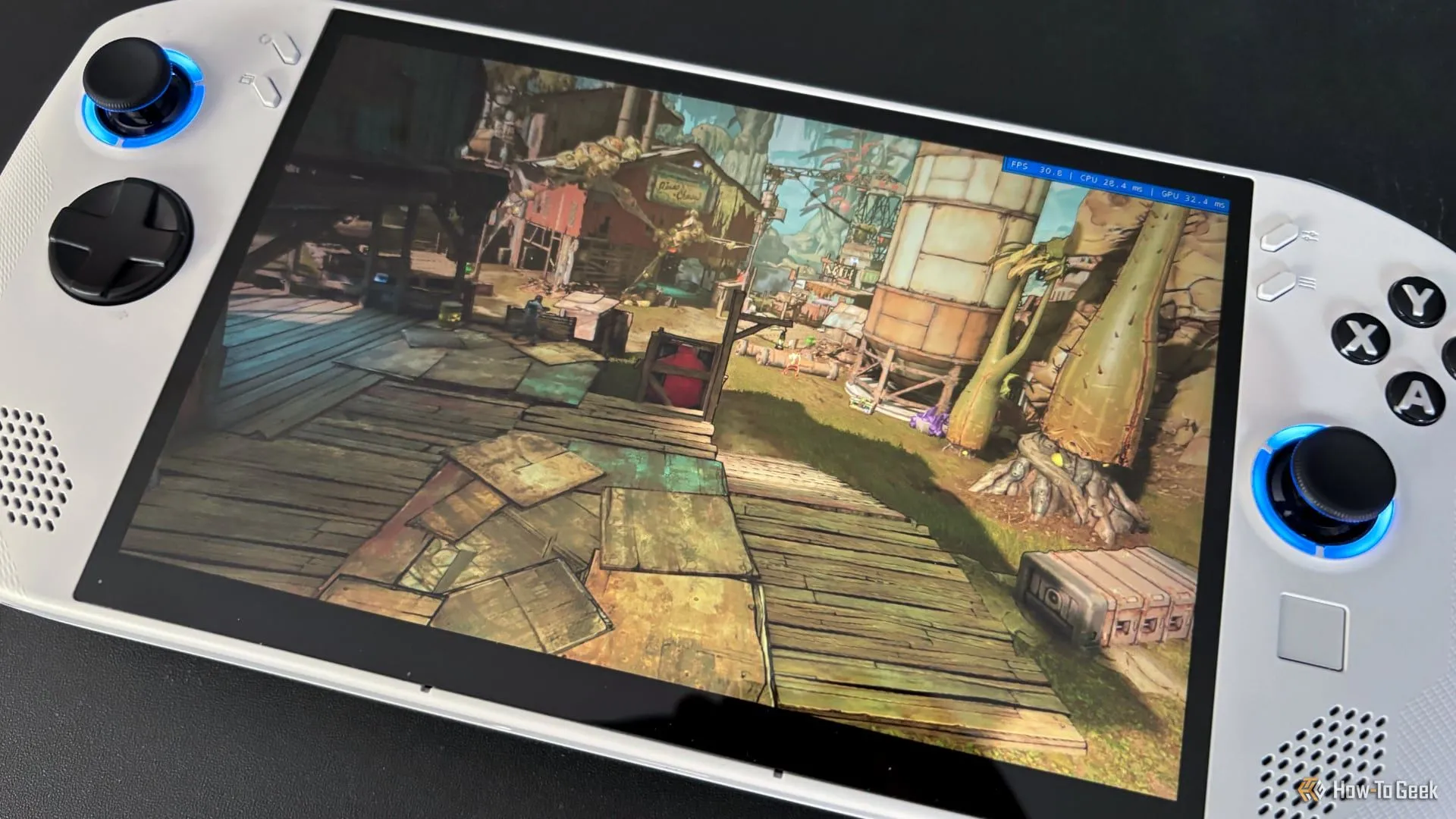 Màn hình Lenovo Legion Go S hiển thị khung cảnh trò chơi Borderlands 3 đang chạy benchmark.