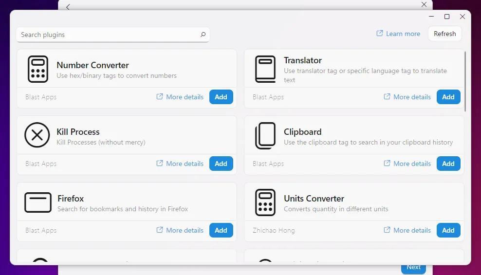 Màn hình lựa chọn plugin bổ sung trong quá trình cài đặt Fluent Search cho Windows