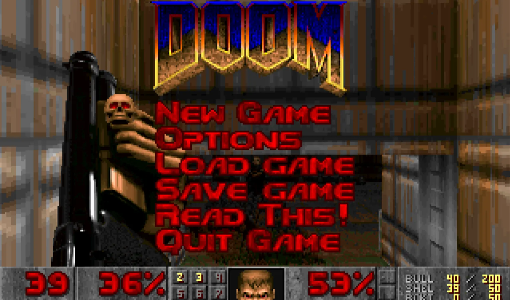 Màn hình menu chính của trò chơi Doom cổ điển với các tùy chọn
