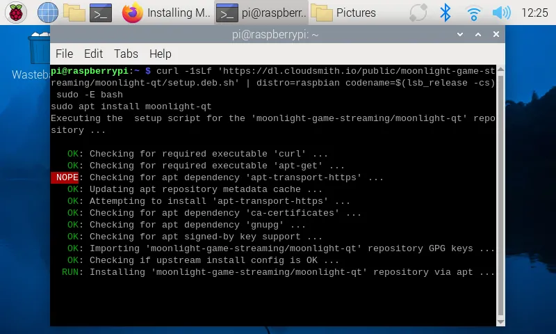Màn hình terminal trên Raspberry Pi OS hiển thị quá trình chạy script cài đặt Moonlight, chuẩn bị cho việc stream game.