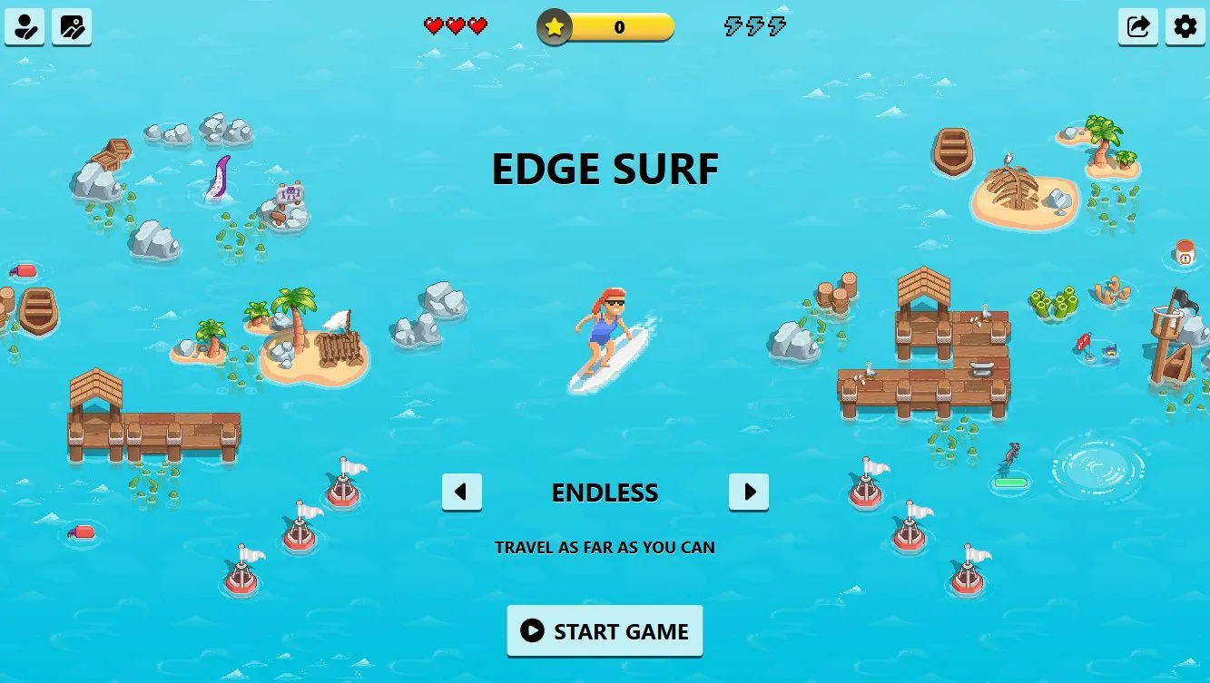 Màn hình tiêu đề trò chơi Edge Surf với người lướt ván trên sóng biển và các chướng ngại vật