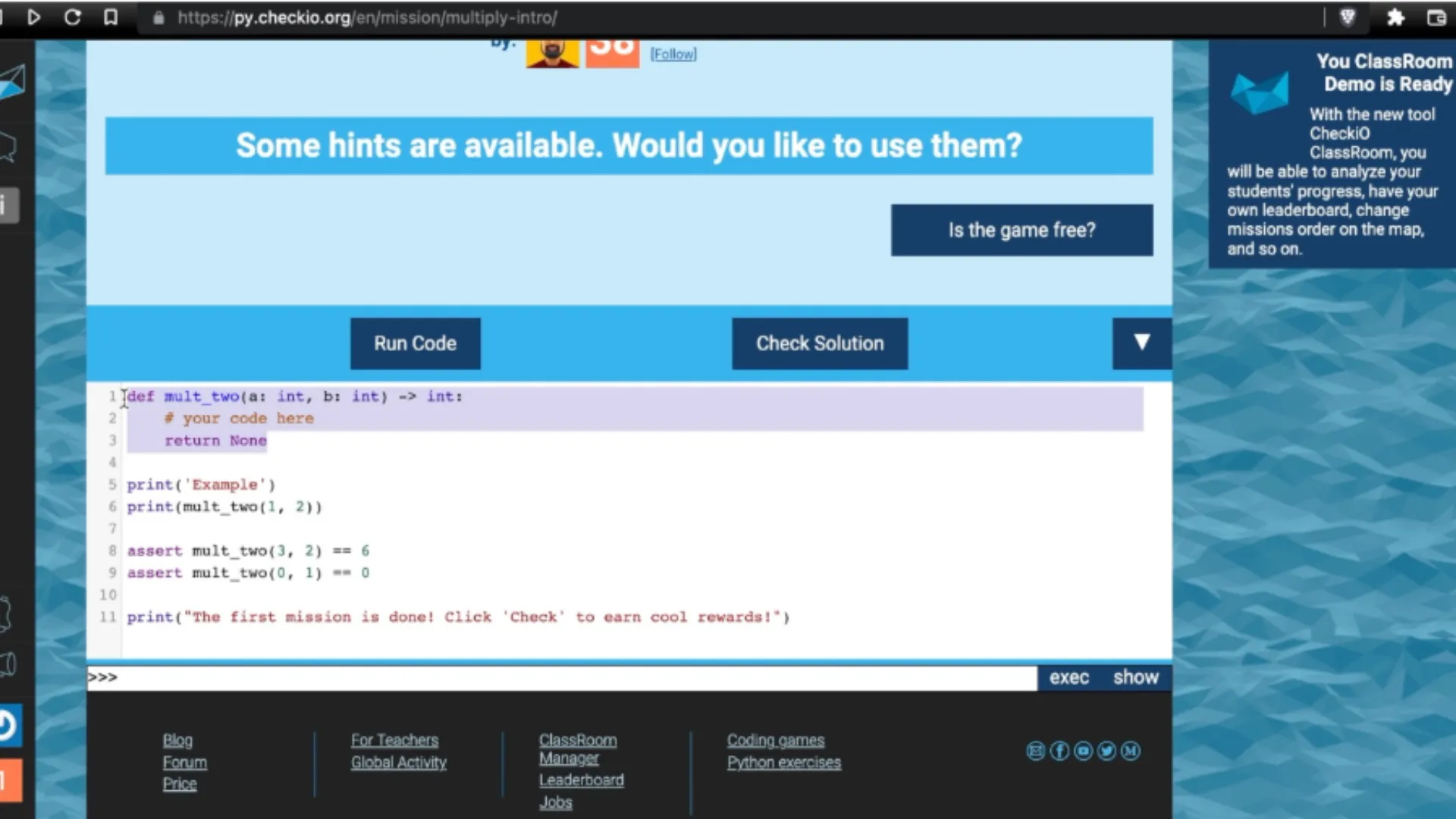 Màn hình trò chơi CheckiO hiển thị trình soạn thảo code Python cùng các thử thách lập trình trên hòn đảo ảo, phù hợp cho cả người mới và trung cấp.