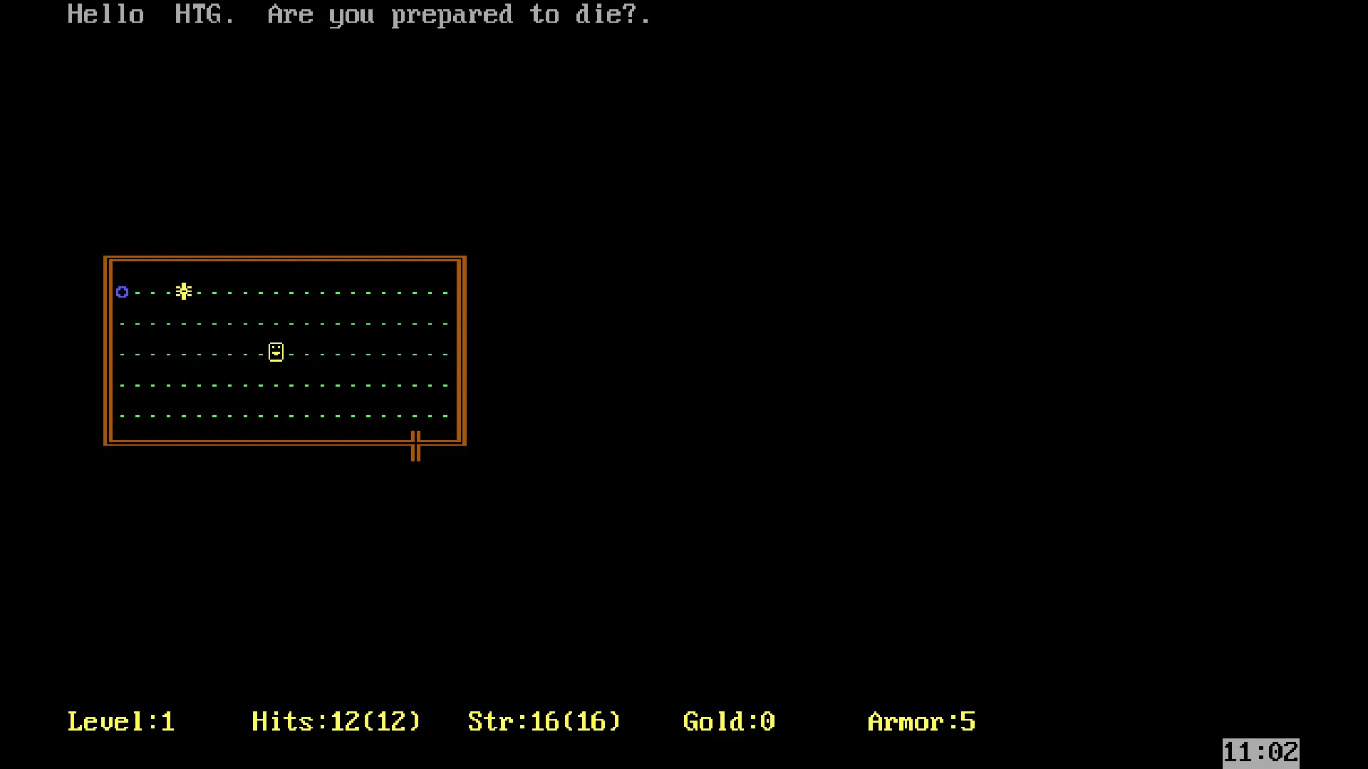 Màn hình trò chơi Rogue phiên bản MS-DOS với đồ họa ASCII đặc trưng