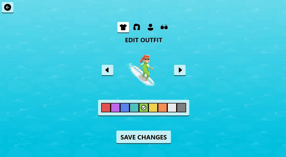 Màn hình tùy chỉnh trang phục nhân vật trong game Edge Surf, cho phép thay đổi kiểu dáng và màu sắc