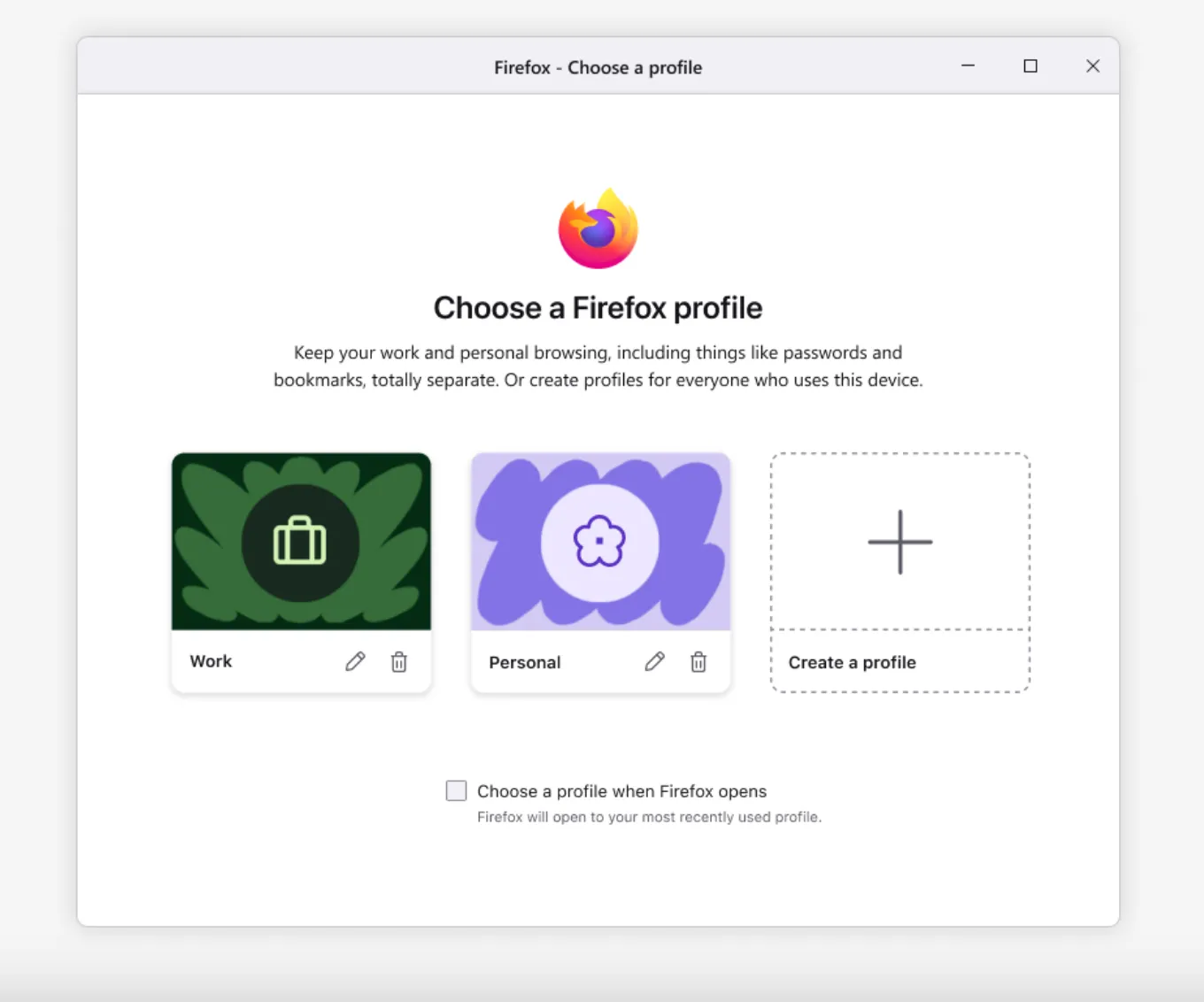 Màn hình tùy chỉnh và quản lý hồ sơ (profile) người dùng trong trình duyệt Firefox 138, hiển thị các tùy chọn đặt tên, avatar và màu sắc riêng biệt.