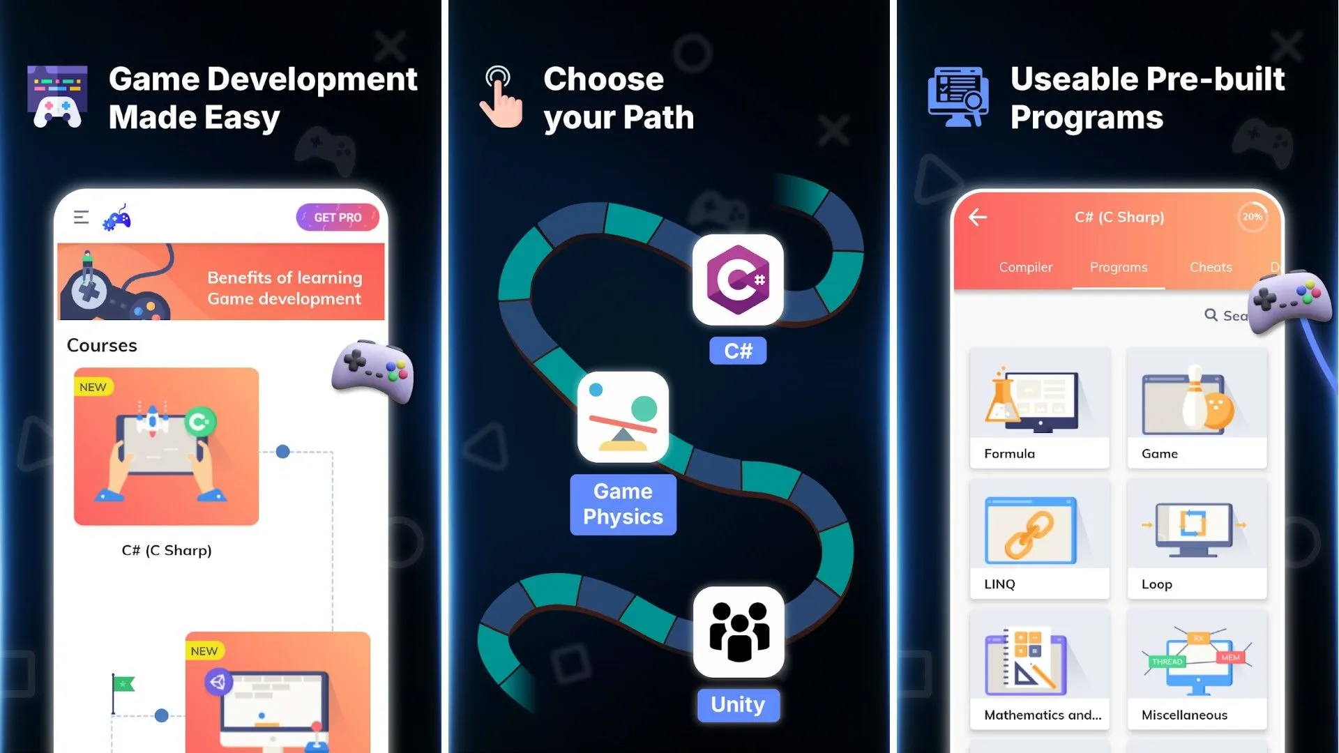 Màn hình ứng dụng Build Your First Game hiển thị các khóa học lập trình cơ bản và phát triển game Android.