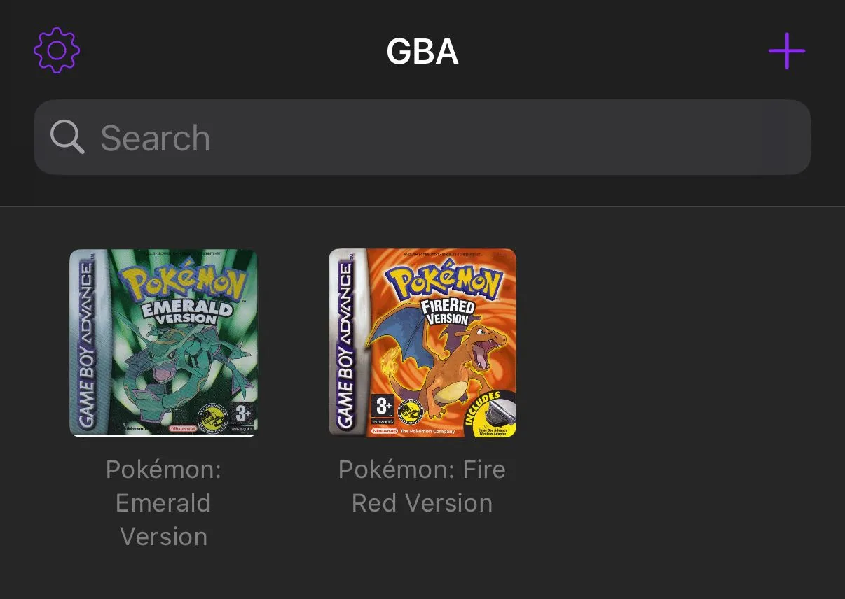 Màn hình ứng dụng Delta Emulator hiển thị danh sách các tệp ROM game Pokémon trong thư viện đã tải lên