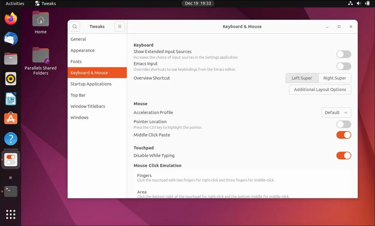 Màn hình ứng dụng GNOME Tweaks trên Ubuntu hiển thị các tùy chỉnh bàn phím và chuột.
