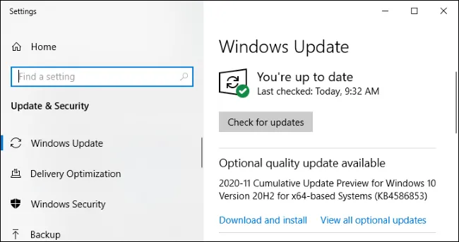 Màn hình Windows Update hiển thị các bản cập nhật tùy chọn đang có sẵn để tăng cường bảo mật hệ thống