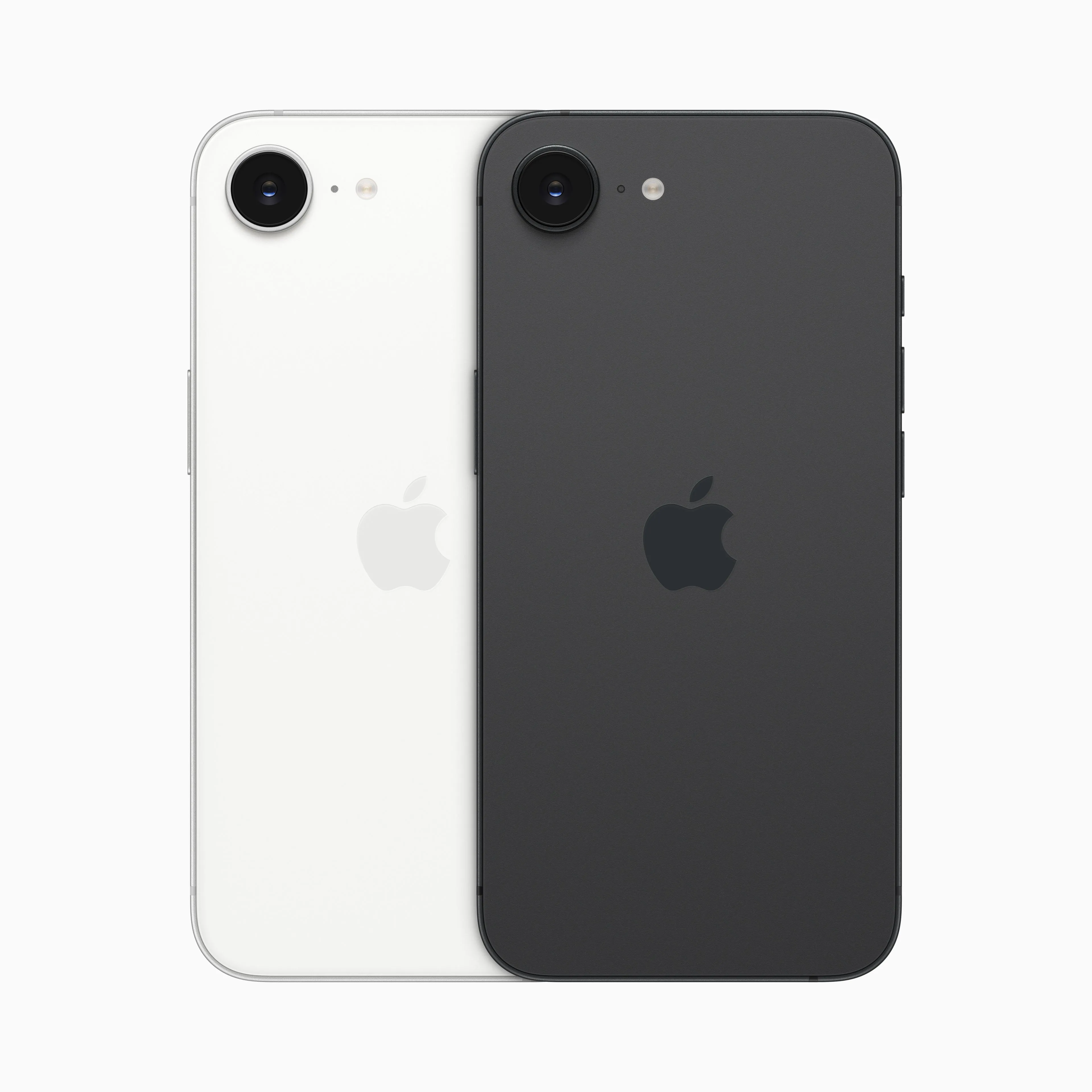 Mặt trước và mặt sau của các phiên bản iPhone 16e với các tùy chọn màu sắc