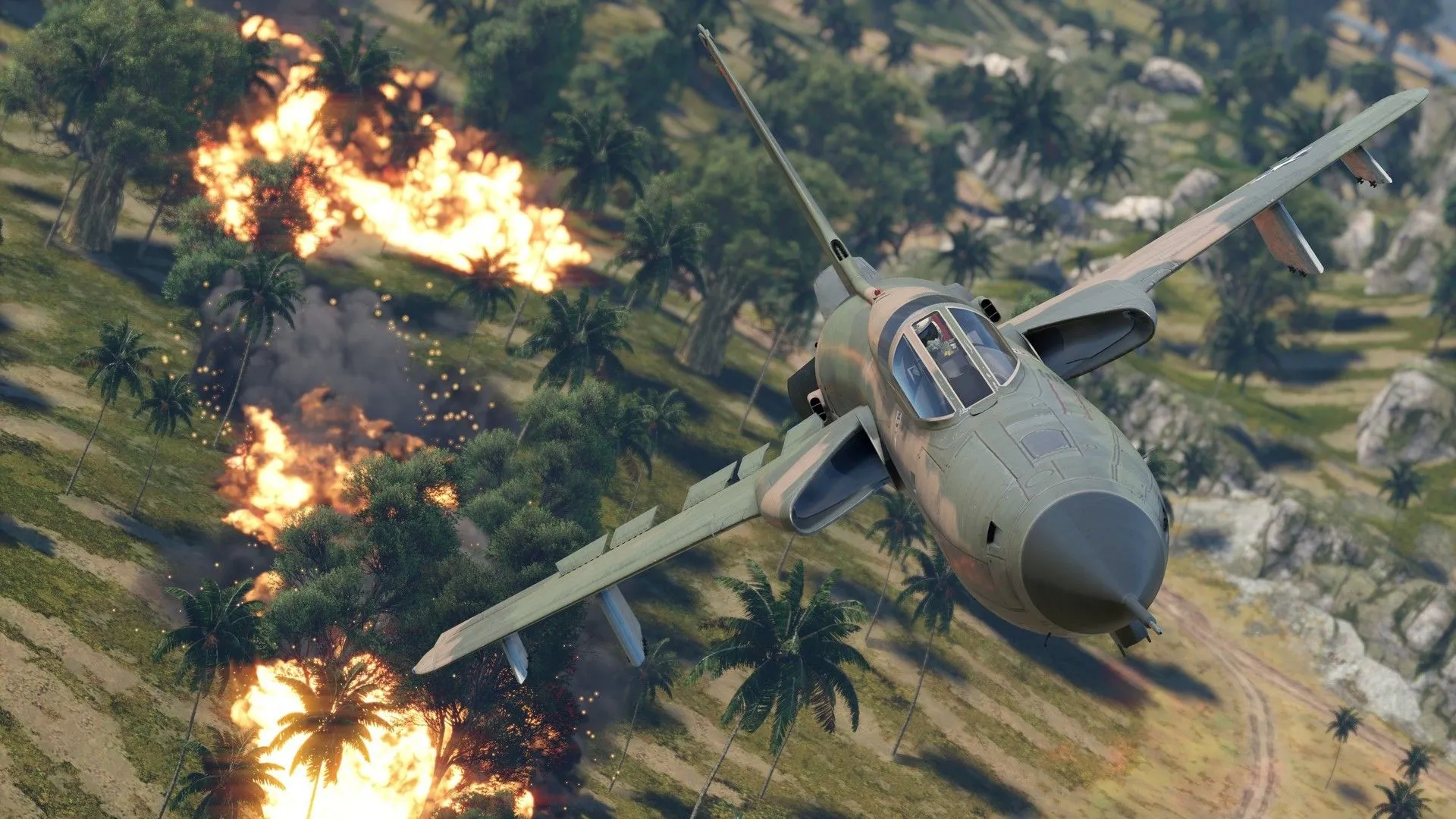 Máy bay F-105 Thunderchief thực hiện cuộc không kích trong War Thunder, thể hiện tính chân thực của game chiến đấu phương tiện.