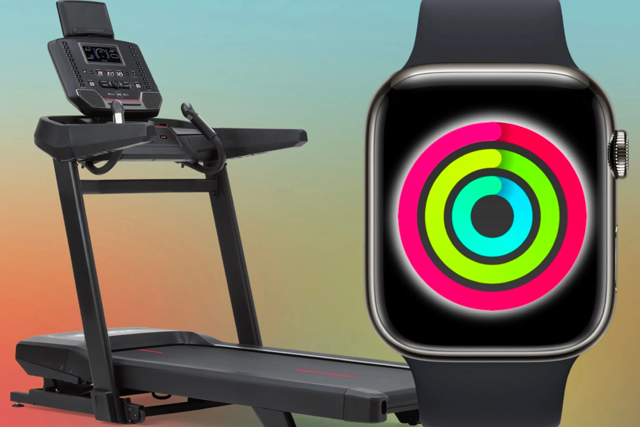 Máy chạy bộ và Apple Watch hiển thị vòng Hoạt động hoàn thành sau buổi tập