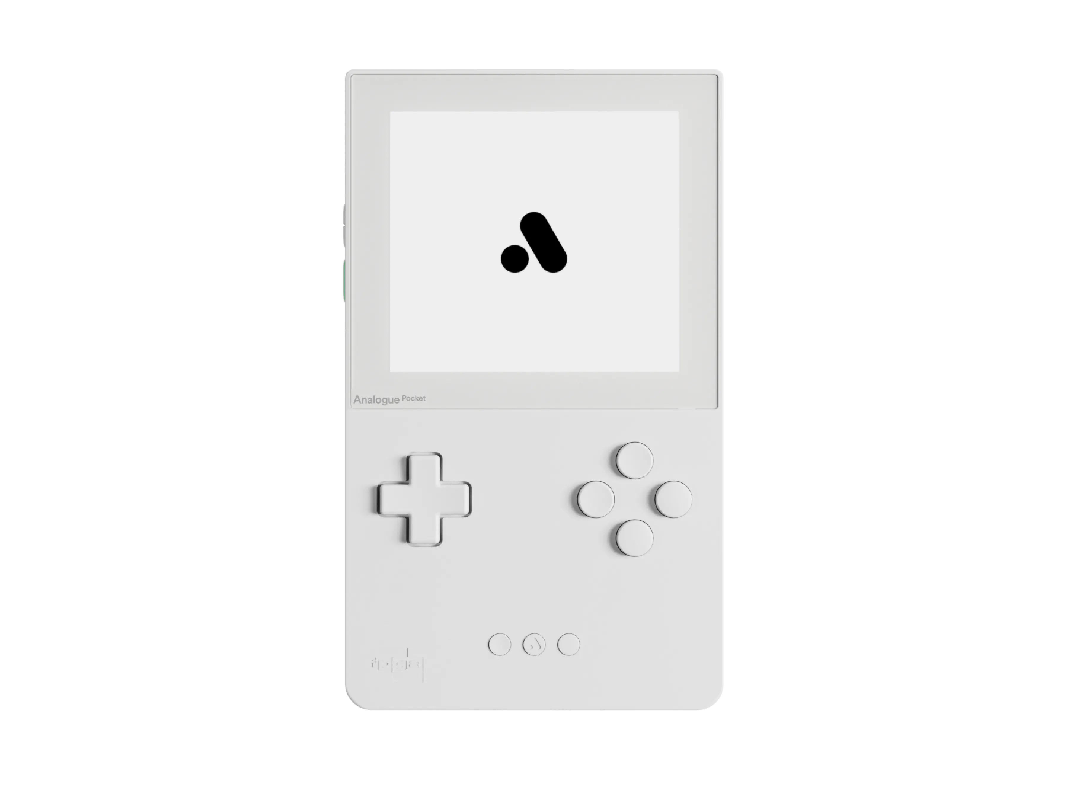 Máy chơi game cầm tay Analogue Pocket màu trắng, một thiết bị hiện đại sử dụng công nghệ FPGA để chơi game retro.