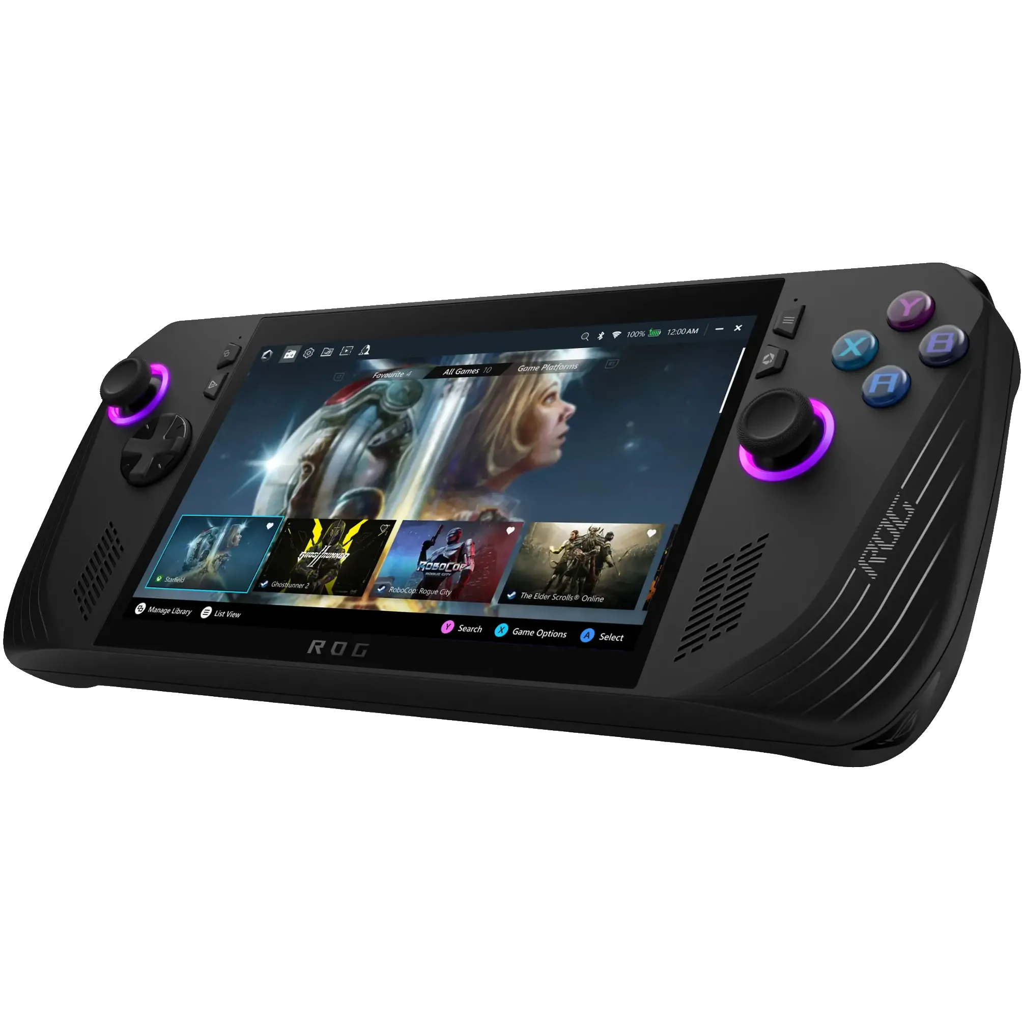 Máy chơi game cầm tay ASUS ROG Ally X phiên bản 2024 màu đen sang trọng, một trong những đối thủ hàng đầu trong phân khúc PC handheld.