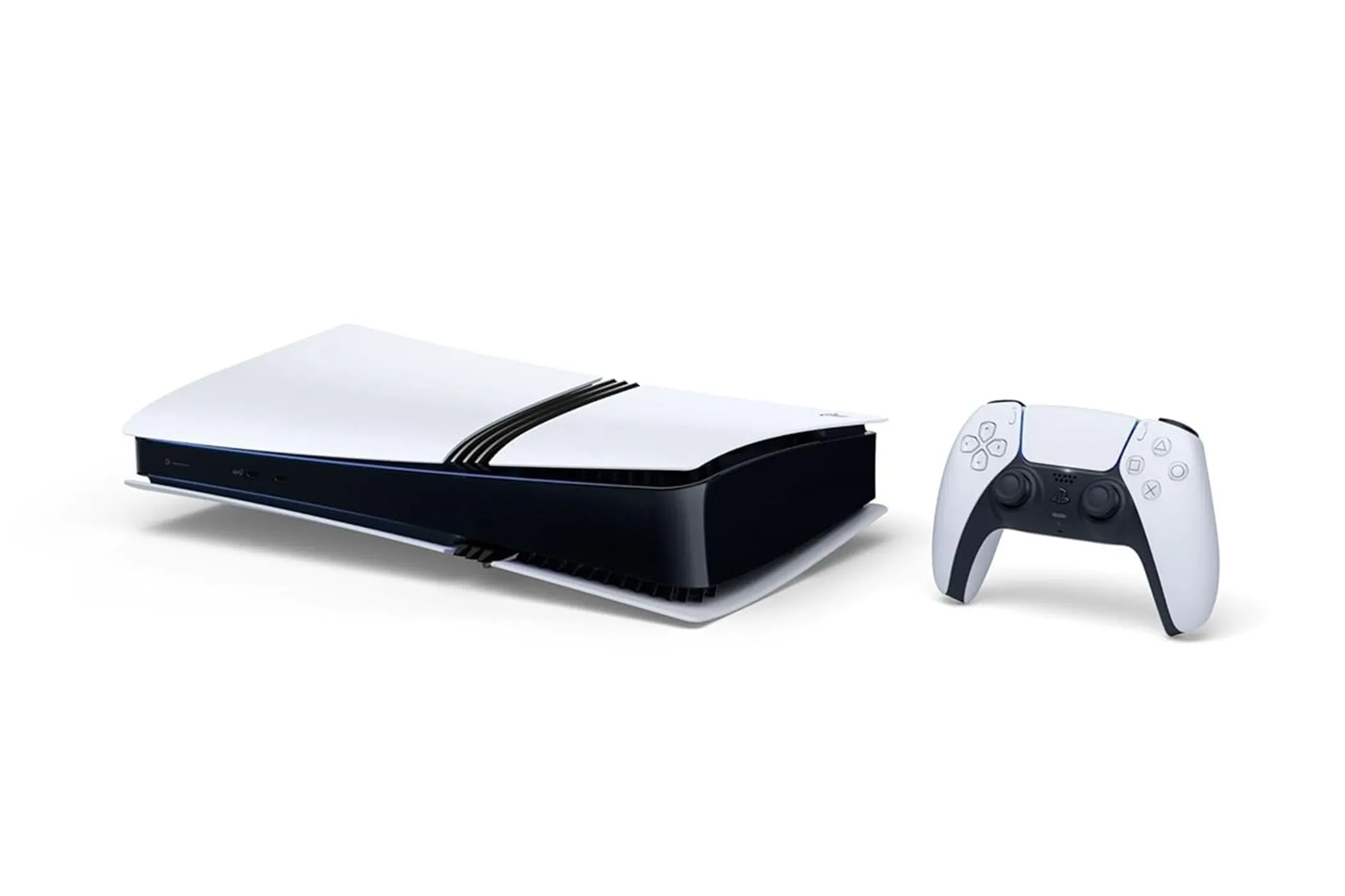 Máy chơi game Sony PlayStation 5 Pro màu trắng với thiết kế hiện đại, thể hiện sức mạnh xử lý đồ họa nâng cao.