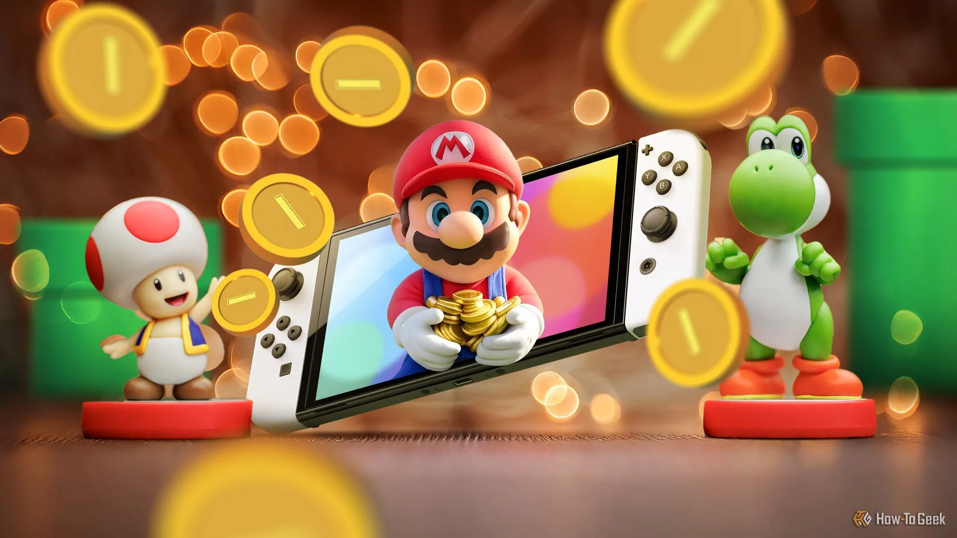 Máy Nintendo Switch với hình ảnh Super Mario và các đồng xu