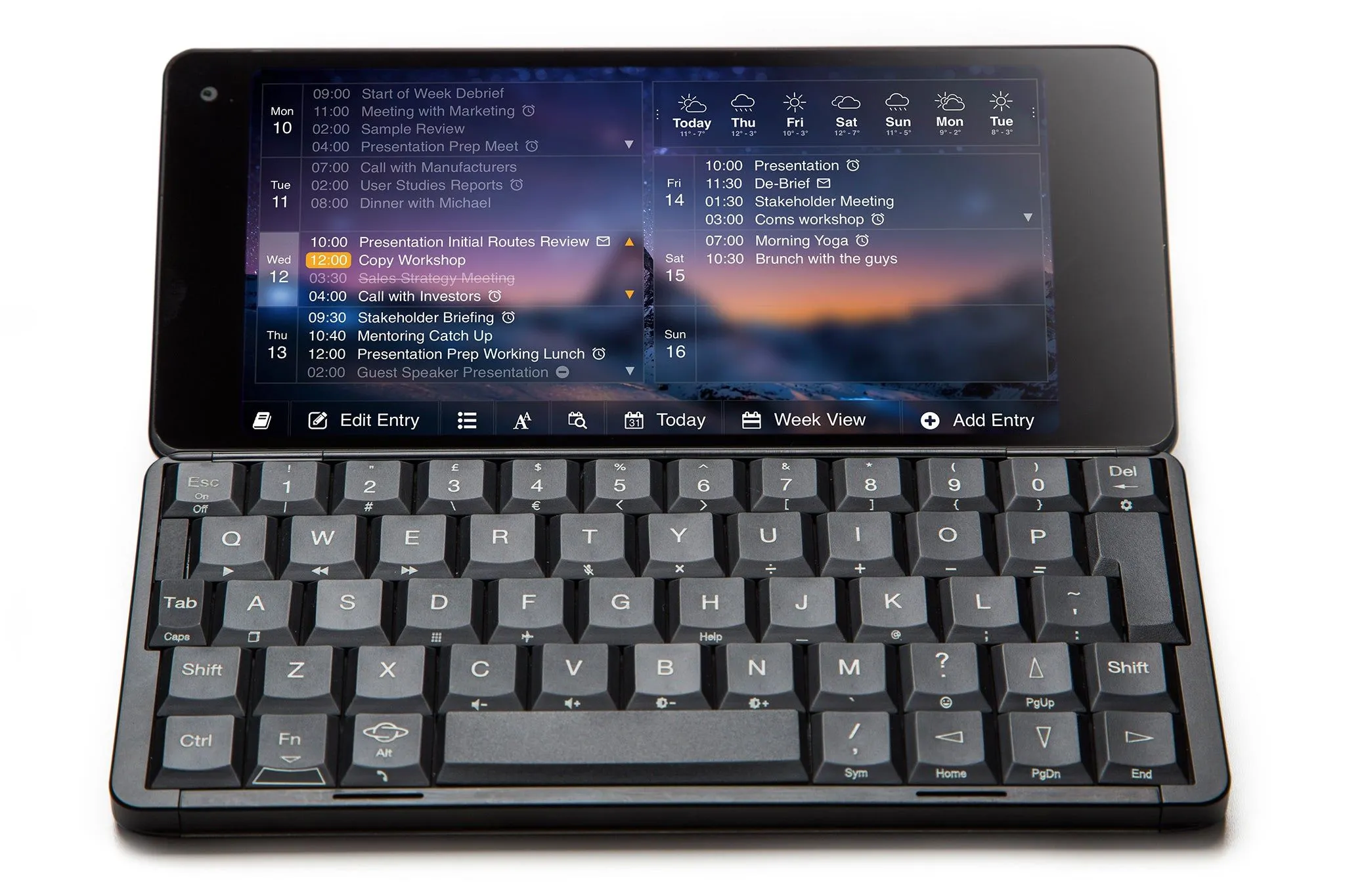 Máy tính bỏ túi Gemini PDA đang mở, hiển thị màn hình và bàn phím QWERTY vật lý, một thiết bị di động chạy Linux.