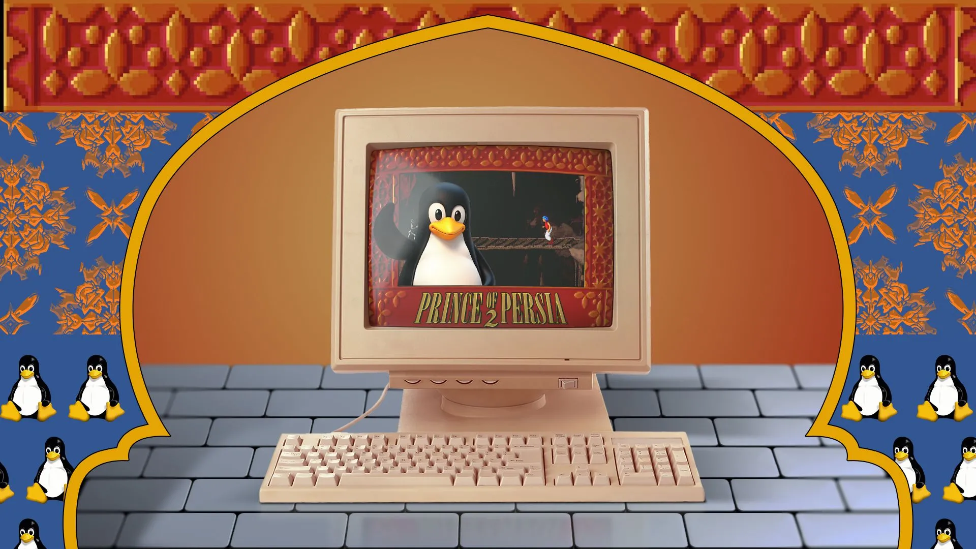 Máy tính cũ chạy game Prince of Persia 2 với linh vật Tux của Linux trên màn hình