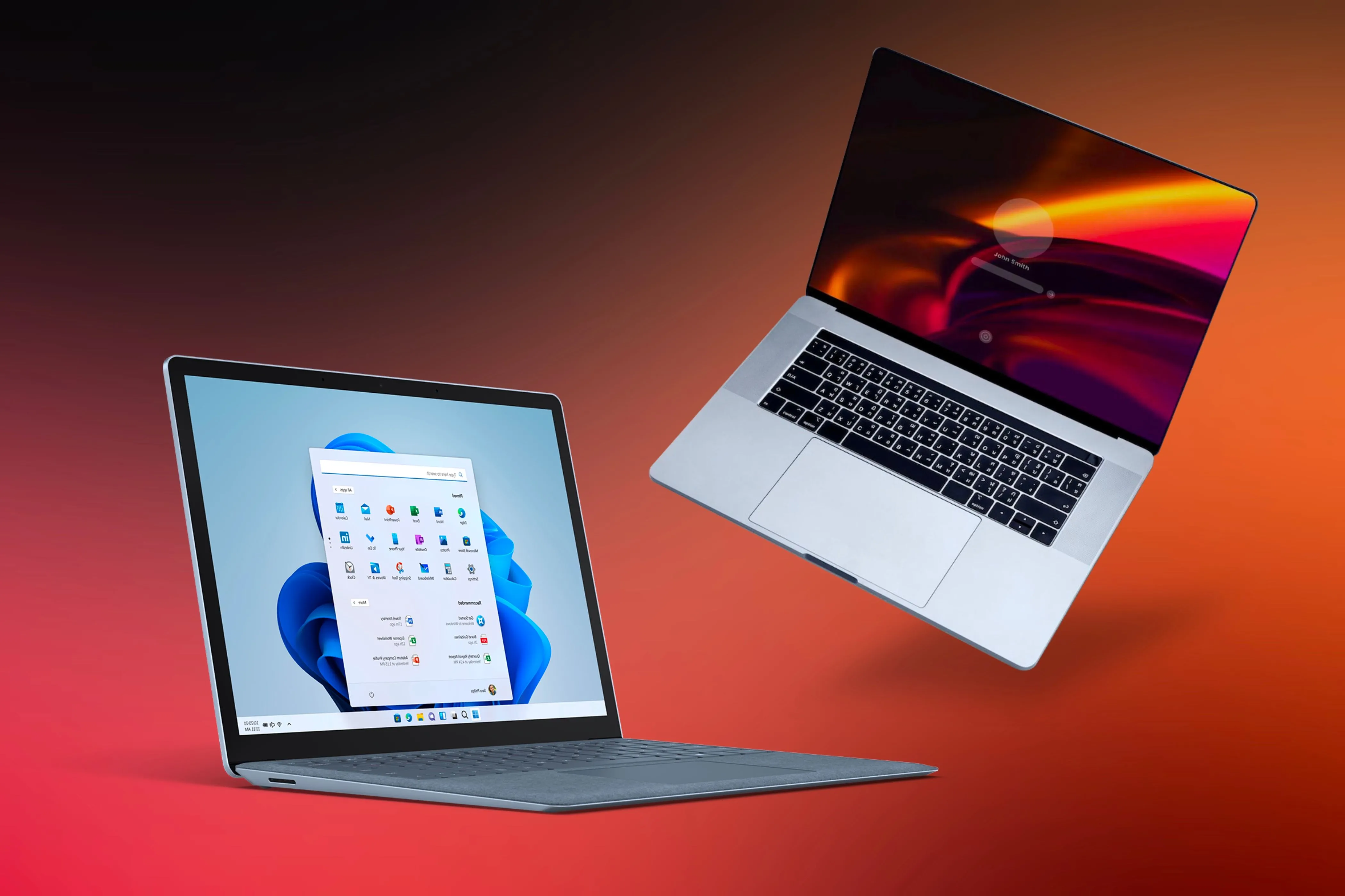 Máy tính Windows và MacBook đặt cạnh nhau, minh họa sự tương thích và tiện lợi của việc sử dụng các thiết bị đa nền tảng.
