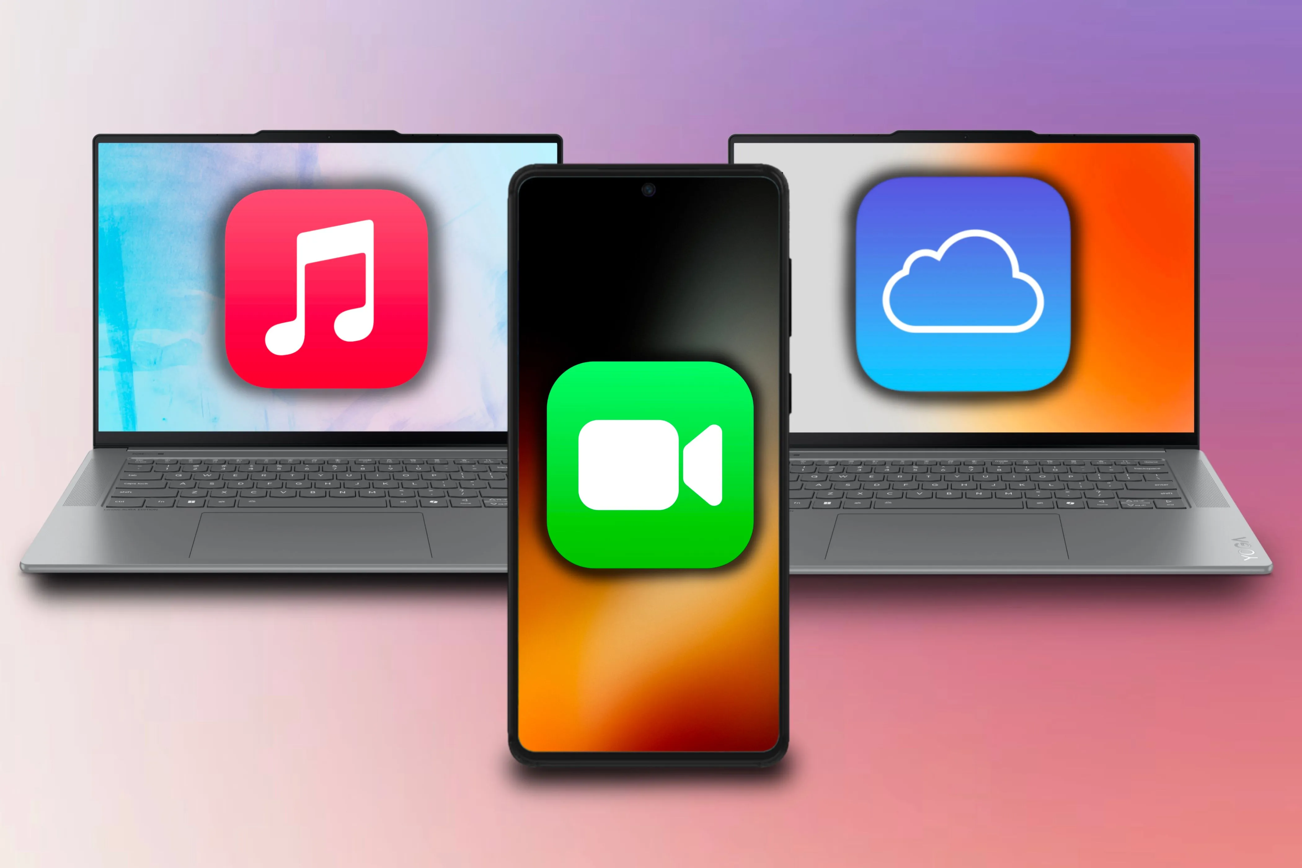 Máy tính xách tay Windows với biểu tượng Apple Music, iCloud, và điện thoại Android hiển thị FaceTime, minh họa dịch vụ Apple trên nền tảng khác.