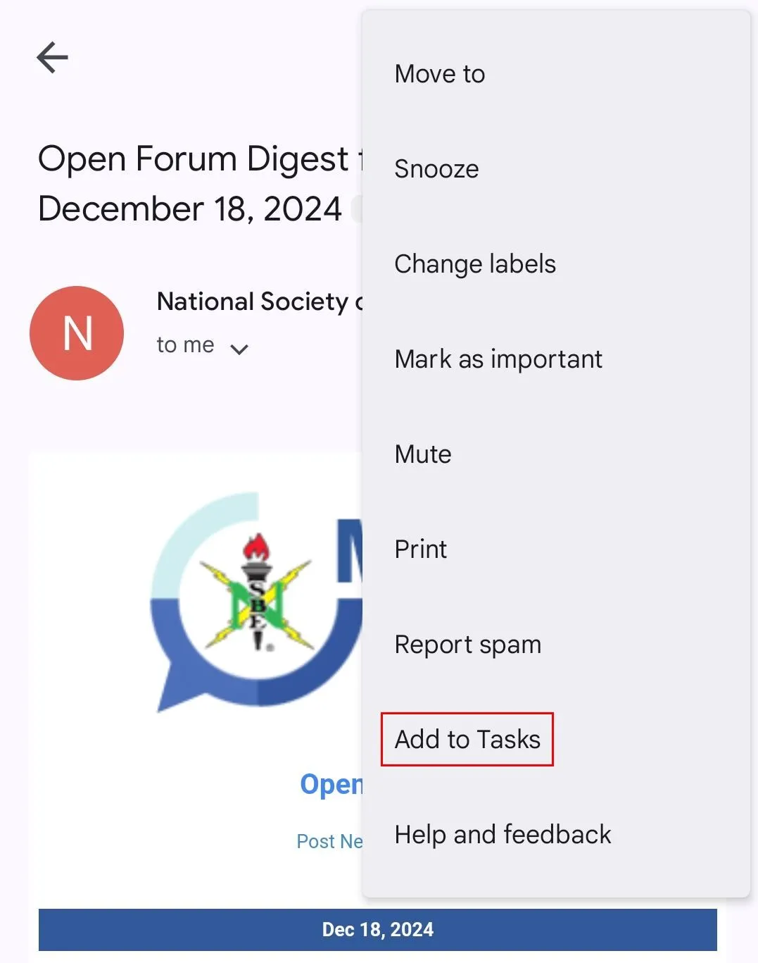 Menu ba chấm trong ứng dụng Gmail hiển thị tùy chọn &quot;Add to Tasks&quot; để tạo tác vụ từ email.