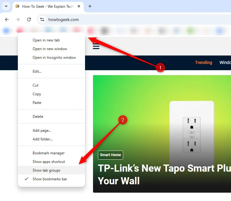 Menu chuột phải hiển thị trên thanh dấu trang của Google Chrome, với tùy chọn &quot;Show Tab Groups&quot; để quản lý hiển thị nút nhóm tab.