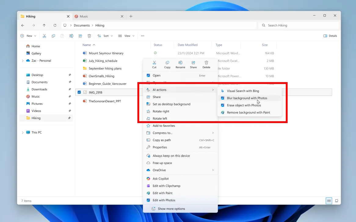 Menu chuột phải trên Windows 11 hiển thị các tác vụ AI tiện ích cho hình ảnh