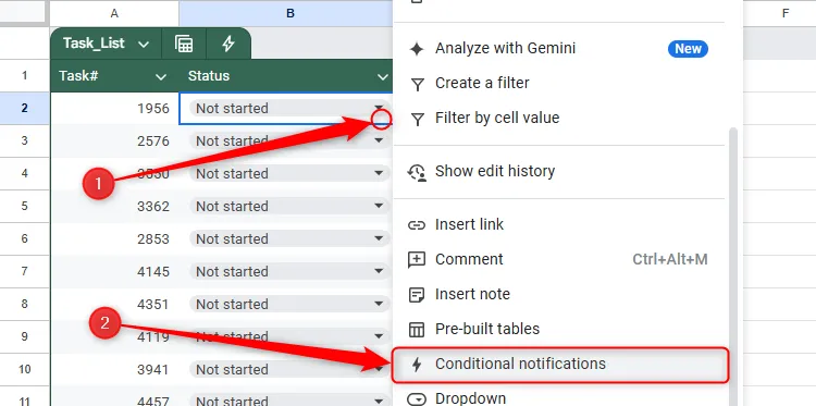 Menu chuột phải trong Google Sheets hiển thị tùy chọn &quot;Conditional Notifications&quot;.