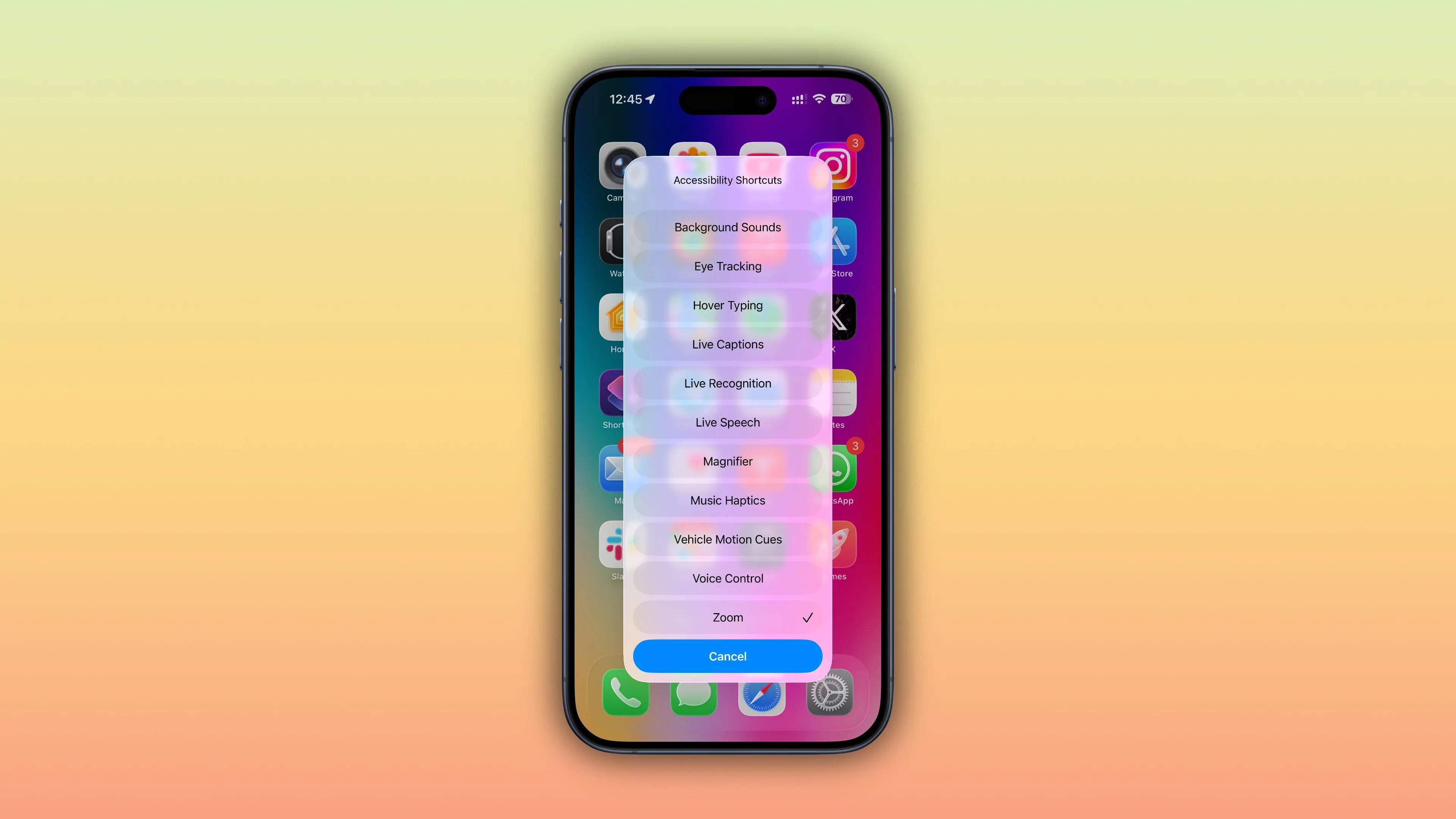 Menu Lối tắt Trợ năng hiển thị trên màn hình chính iPhone sau khi nhấn nút nguồn ba lần.