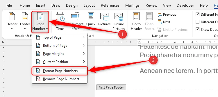 Menu Page Number trong Microsoft Word hiển thị tùy chọn Format Page Numbers được chọn.
