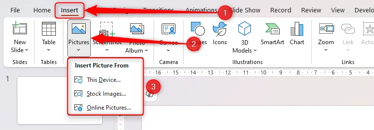 Menu thả xuống Chèn Ảnh (Pictures) trong PowerPoint hiển thị các tùy chọn vị trí để thêm hình ảnh vào slide.