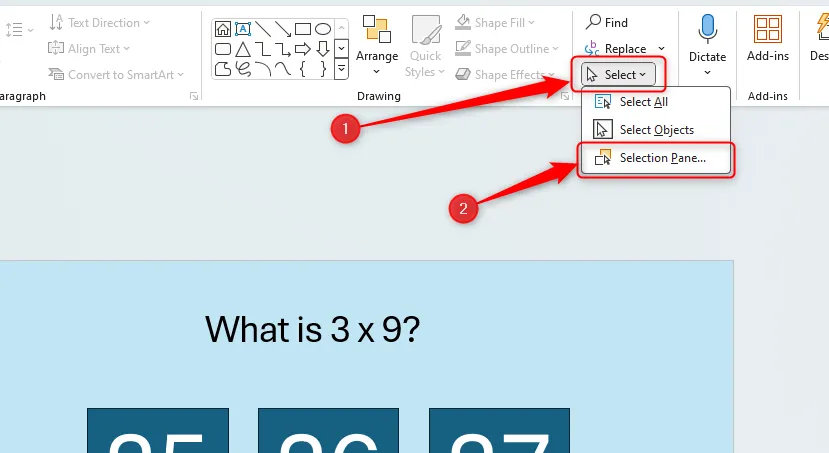 Menu thả xuống 'Chọn' (Select) trong PowerPoint với tùy chọn 'Vùng Chọn' (Selection Pane) được đánh dấu.