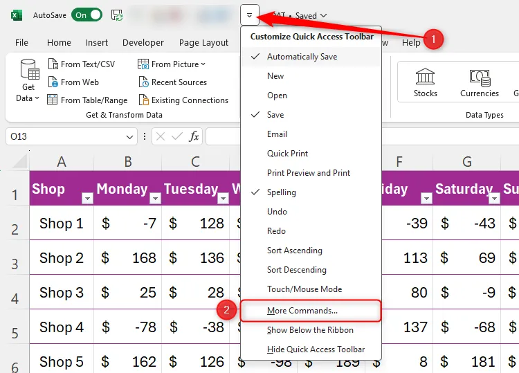 Menu thả xuống &quot;Customize Quick Access Toolbar&quot; trong Excel với tùy chọn &quot;More Commands&quot; được chọn.