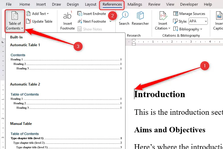 Menu thả xuống Table Of Contents trong tab References của Microsoft Word được mở rộng.