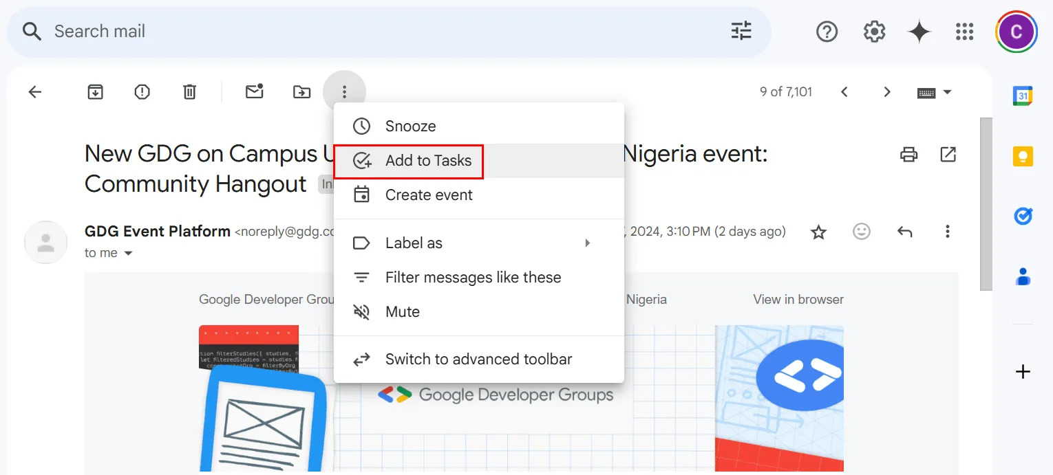 Menu thả xuống tùy chọn email hiển thị mục &quot;Add to Tasks&quot; để thêm email vào Google Tasks.