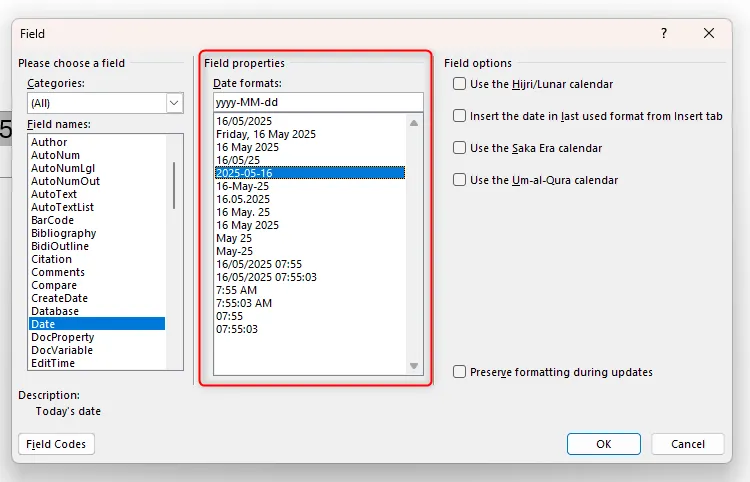 Menu &quot;Thuộc tính Trường&quot; (Field Properties) của trường ngày trong Microsoft Word, cho phép người dùng chọn định dạng hiển thị.